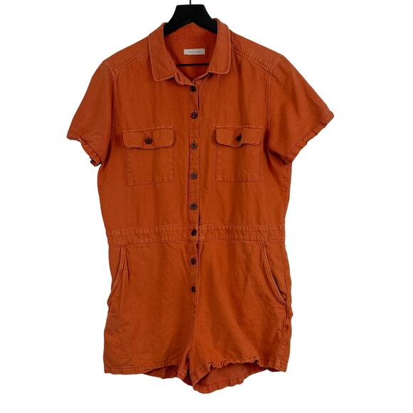 Outerknown S.E.A. Suit Shortall Romper $148 Orange Linen Cotton - L - Picture 1 of 10